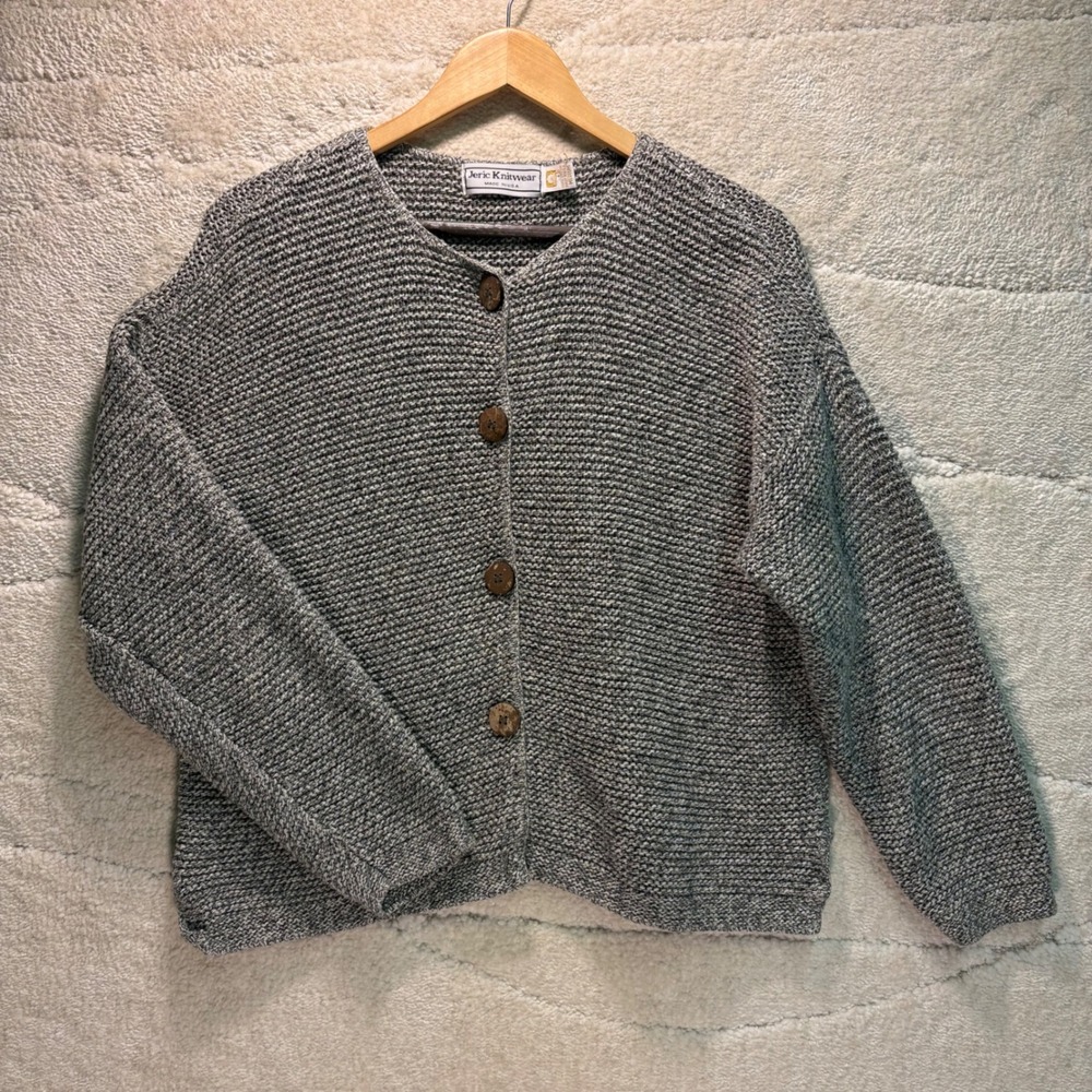 Vintage Jeric Knitwear Gray Marled Cardigan Sweater Made USA Women's L